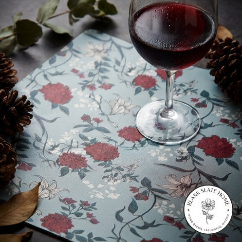 WIPE CLEAN TABLEMATS/PLACEMATS - GRAY &amp; RED FLORAL