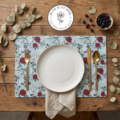 WIPE CLEAN TABLEMATS/PLACEMATS - GRAY &amp; RED FLORAL