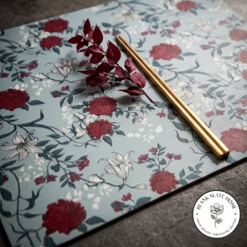 WIPE CLEAN TABLEMATS/PLACEMATS - GRAY &amp; RED FLORAL