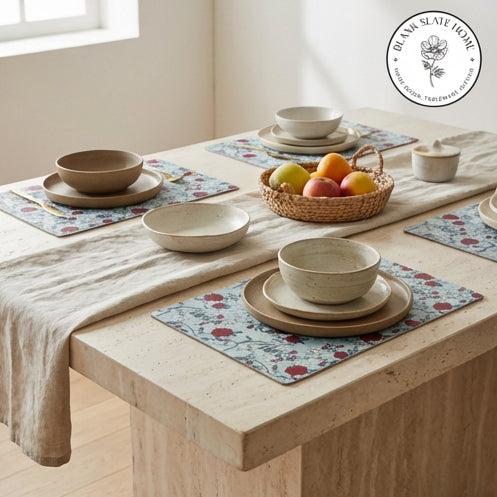 WIPE CLEAN TABLEMATS/PLACEMATS - GRAY &amp; RED FLORAL