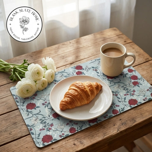 WIPE CLEAN TABLEMATS/PLACEMATS - GRAY &amp; RED FLORAL