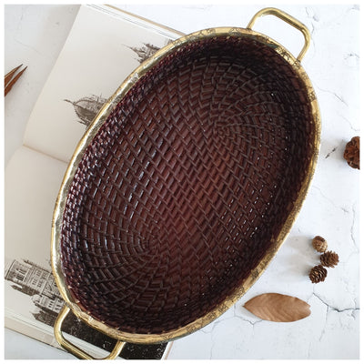 Cane Basket/Tray - Brass Rim & Handle Grip (Dark Brown) - Oval Large