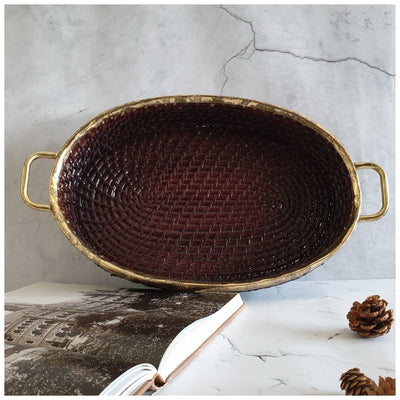 Cane Basket/Tray - Brass Rim & Handle Grip (Dark Brown) - Oval Large