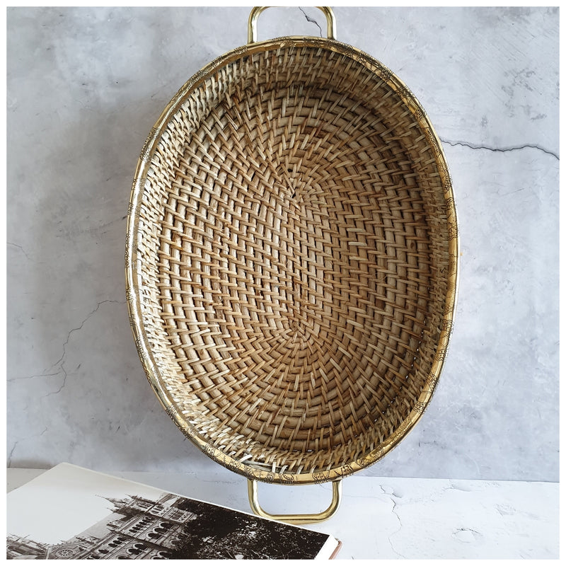 Cane Basket/Tray - Brass Rim & Handle Grip - Oval Large