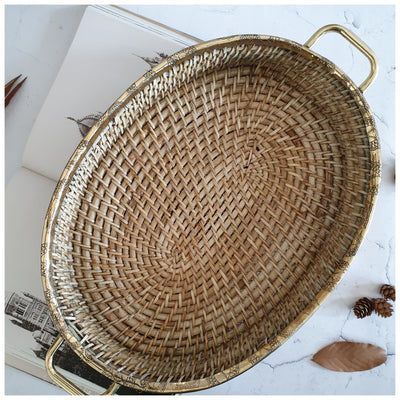 Cane Basket/Tray - Brass Rim & Handle Grip - Oval Large