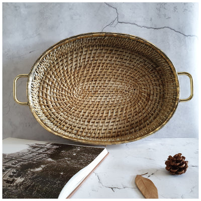 Cane Basket/Tray - Brass Rim & Handle Grip - Oval Large