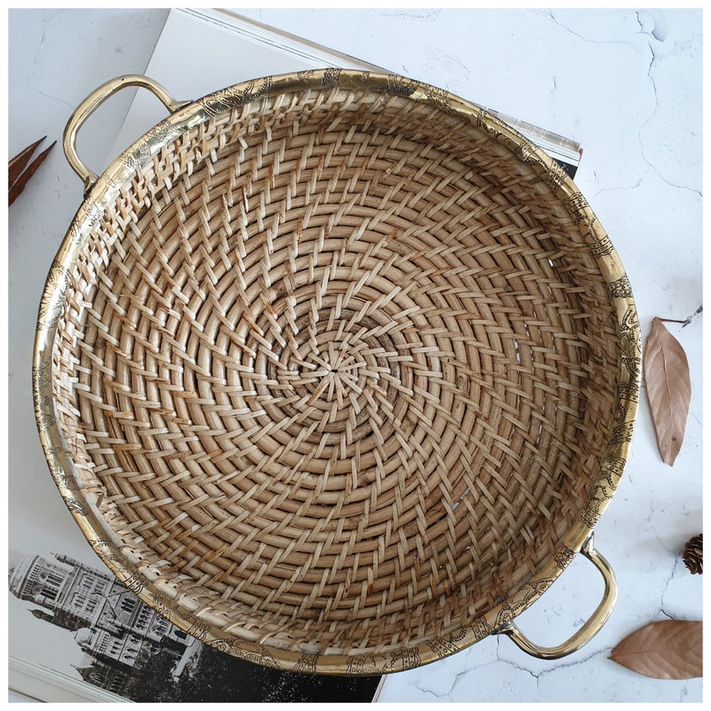 Cane Basket/Tray - Brass Rim & Handle Grip - Round -Large