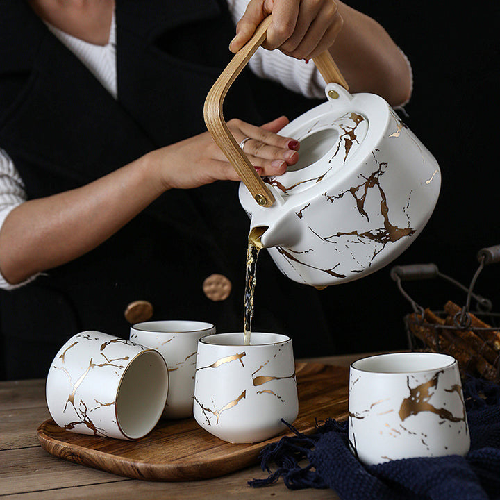 Buy Ceramic - Tea Set - White Matte Marble with Gold Inlay + 4