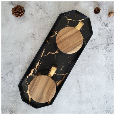 Ceramic Black Matte Marble Platter with Gold Inlay + 2 Matching Coffee Mug with Wooden Lid