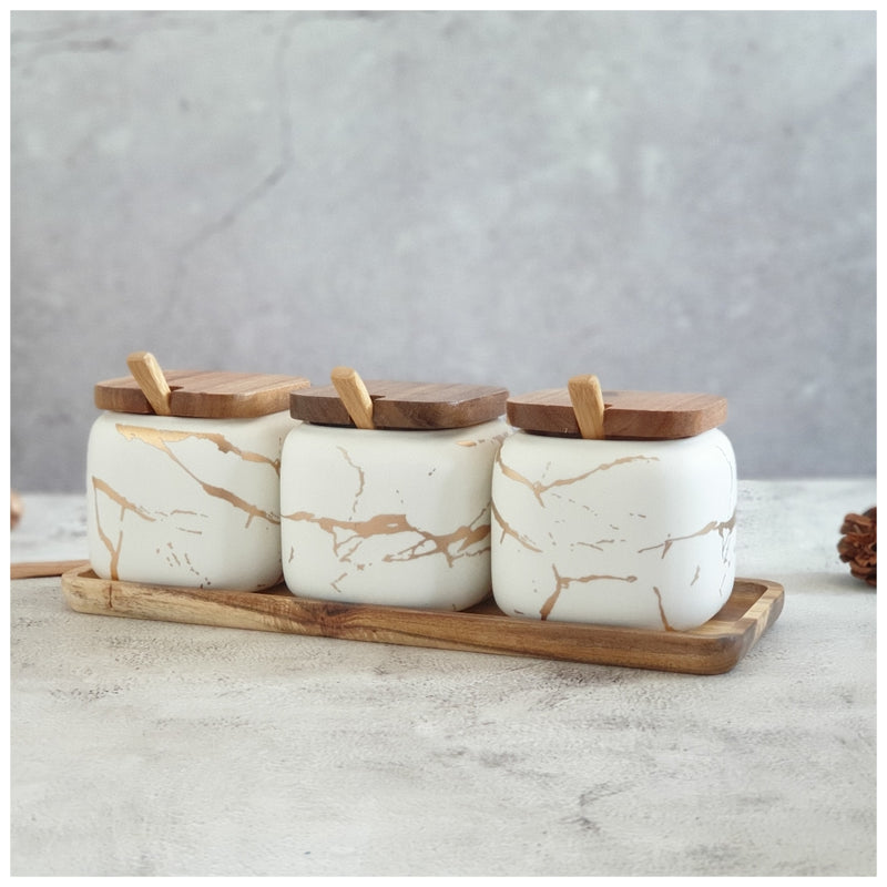 Ceramic - Spice Set - White Matte Marble with Gold Inlay - 3 Jars with Wooden Tray