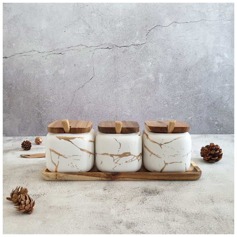 Ceramic - Spice Set - White Matte Marble with Gold Inlay - 3 Jars with Wooden Tray