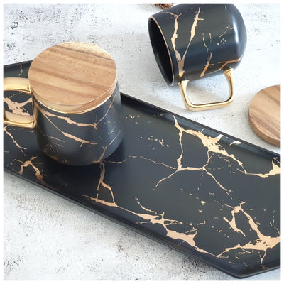 Ceramic Black Matte Marble Platter with Gold Inlay + 2 Matching Coffee Mug with Wooden Lid