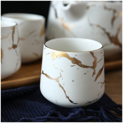 Ceramic - Tea Set - White Matte Marble with Gold Inlay + 4 Mugs with Wooden Tray & Tea Pot