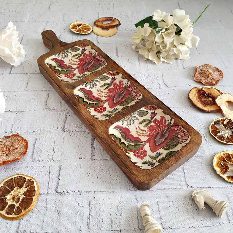 3-PART PADDLE SHAPED PLATTER - KALAMKARI FLORAL COLLECTION