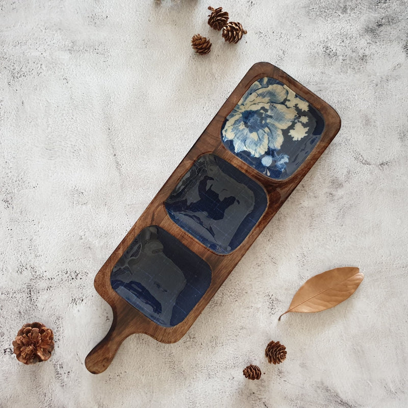 PADDLE SHAPED PLATTER - 3-PART - DENIM BLUE FLORAL