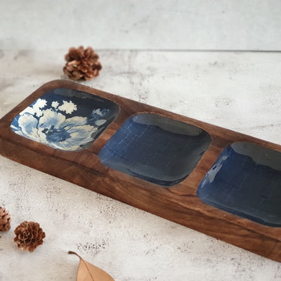 PADDLE SHAPED PLATTER - 3-PART - DENIM BLUE FLORAL