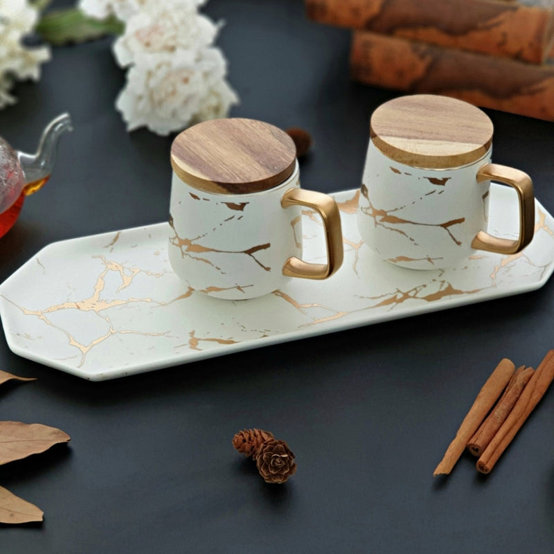 Ceramic White Matte Marble Platter with Gold Inlay + 2 Matching Coffee Mug with Wooden Lid