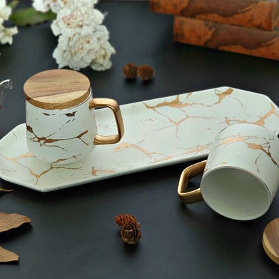 Ceramic White Matte Marble Platter with Gold Inlay + 2 Matching Coffee Mug with Wooden Lid