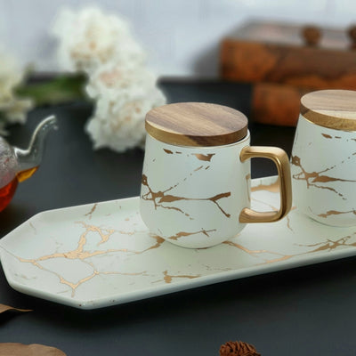 Ceramic White Matte Marble Platter with Gold Inlay + 2 Matching Coffee Mug with Wooden Lid