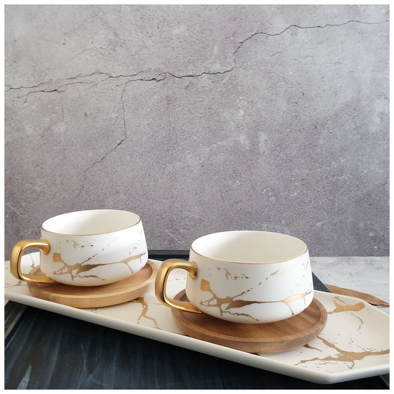 Ceramic White Matte Marble Platter with Gold Inlay + 2 Matching Coffee Mug with Wooden Saucer