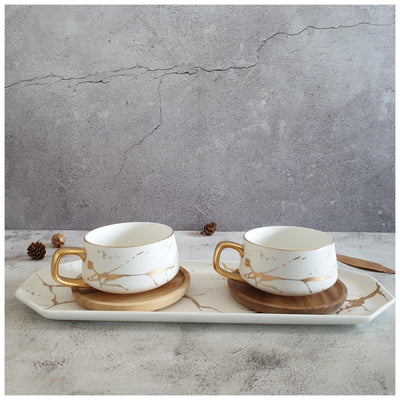 Ceramic White Matte Marble Platter with Gold Inlay + 2 Matching Coffee Mug with Wooden Saucer