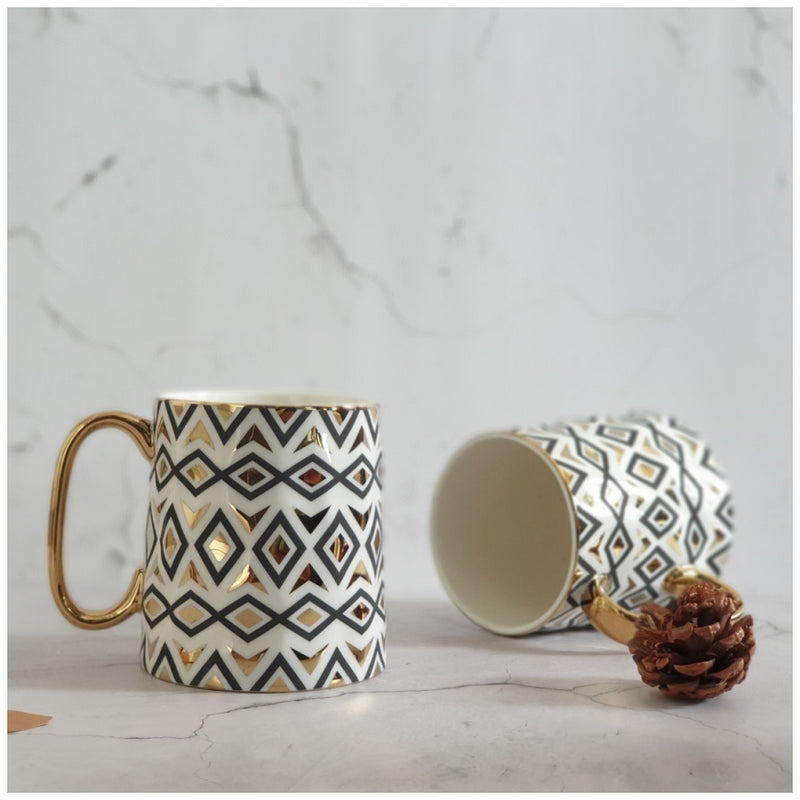 Ceramic Gold & Black Diamond Coffee Mug Set of 2