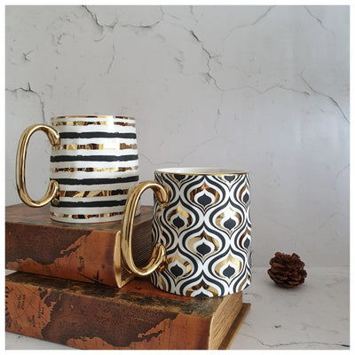 Ceramic Gold & Black Stripes & Peacock - Coffee Mug Set of 2