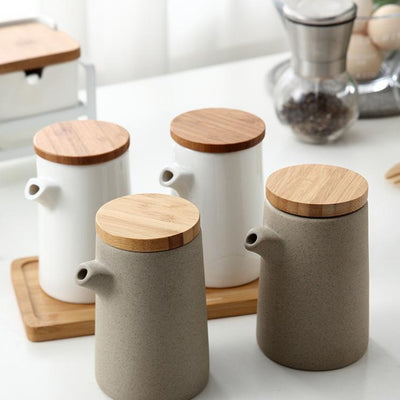 Oil Bottle with Wooden Lid - Set of 2 bottles + Tray