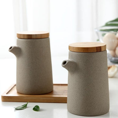 Oil Bottle (Spout) with Wooden Lid - Set of 2 bottles + Tray
