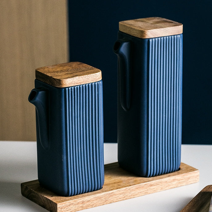 Ceramic - Oil Bottle with Wooden Lid & Tray - Cobalt Blue - Set of 2 bottles