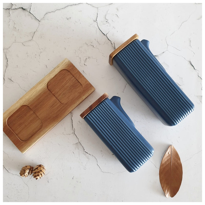 Ceramic - Oil Bottle with Wooden Lid & Tray - Cobalt Blue - Set of 2 bottles