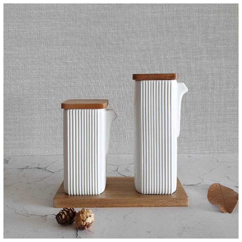 Ceramic - Oil Bottle with Wooden Lid & Tray - White - Set of 2 bottles
