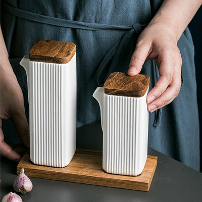 Ceramic - Oil Bottle with Wooden Lid & Tray - White - Set of 2 bottles