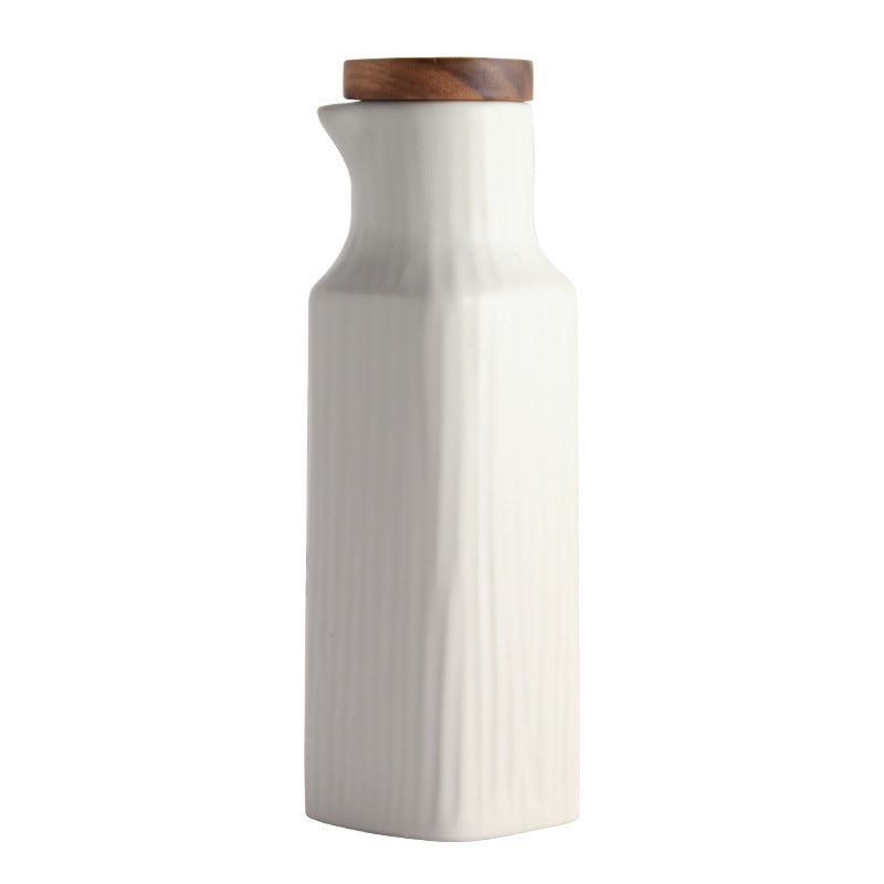 Oil Bottle with Wooden Lid - White - Set of 2 bottles