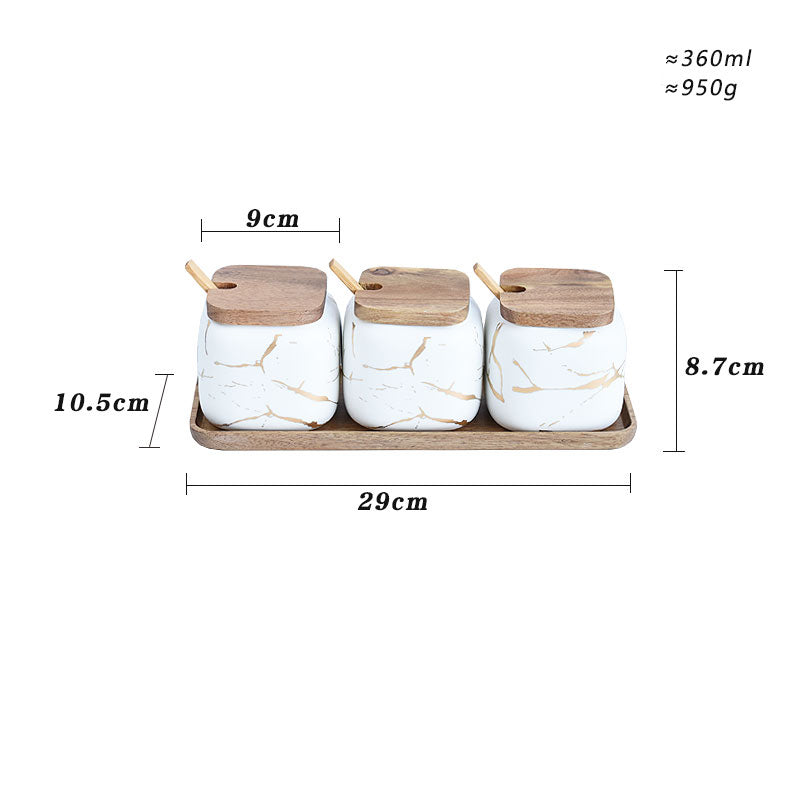 Ceramic - Spice Set - White Matte Marble with Gold Inlay - 3 Jars with Wooden Tray
