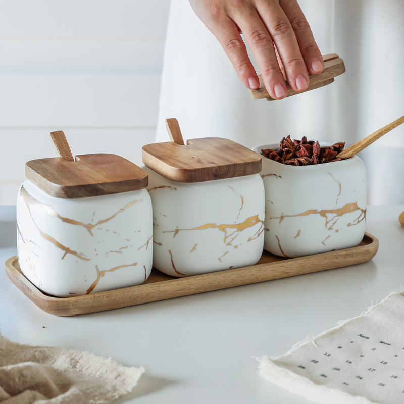 Buy Ceramic - Spice Set - White Matte Marble with Gold Inlay - 3 Jars with  Wooden Tray Online at <span class=money>Rs. 3,600.00</span>