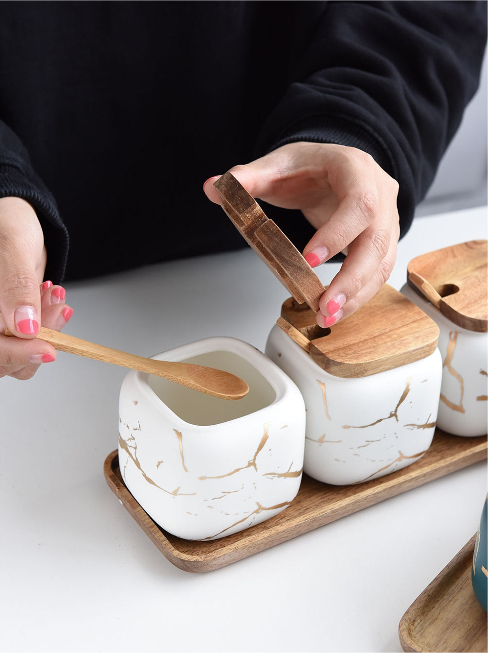 Ceramic Spice Set White Matte Marble with Gold Inlay Jars with Wooden Tray