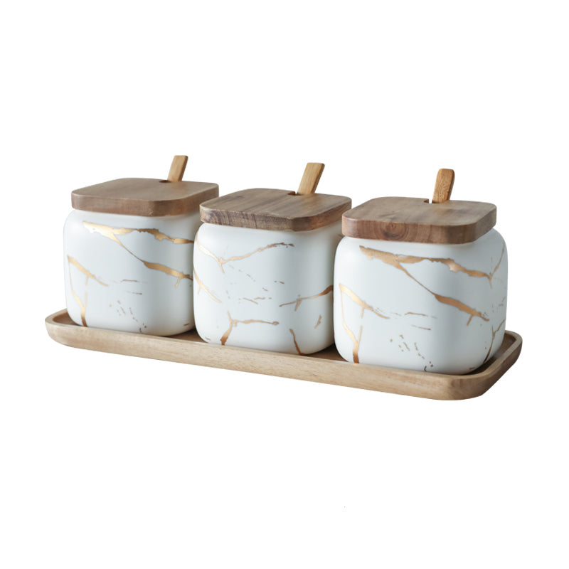 Ceramic - Spice Set - White Matte Marble with Gold Inlay - 3 Jars with Wooden Tray