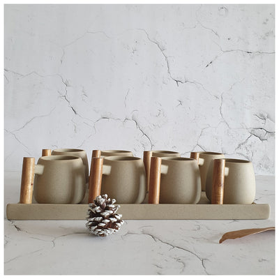 Ceramic - Tea Set - Sand + 8 Mugs with Tray