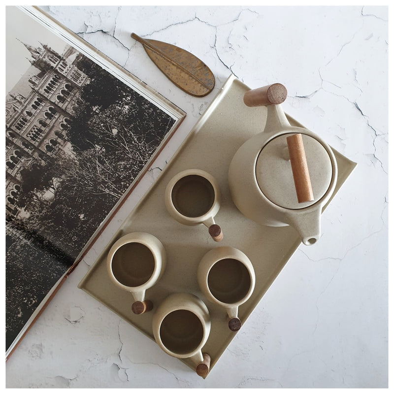 Ceramic - Tea Set - Sand + 4 Mugs with Tray & Tea Pot