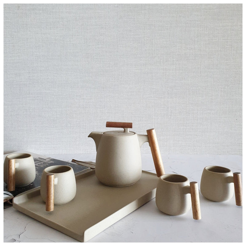 Ceramic - Tea Set - Sand + 4 Mugs with Tray & Tea Pot
