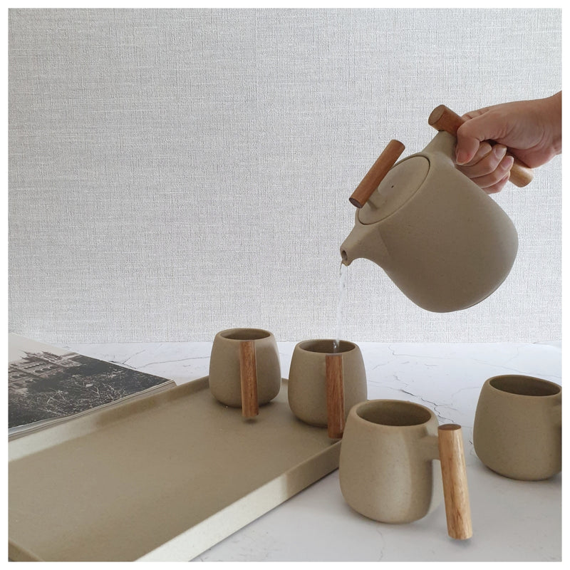 Ceramic - Tea Set - Sand + 4 Mugs with Tray & Tea Pot