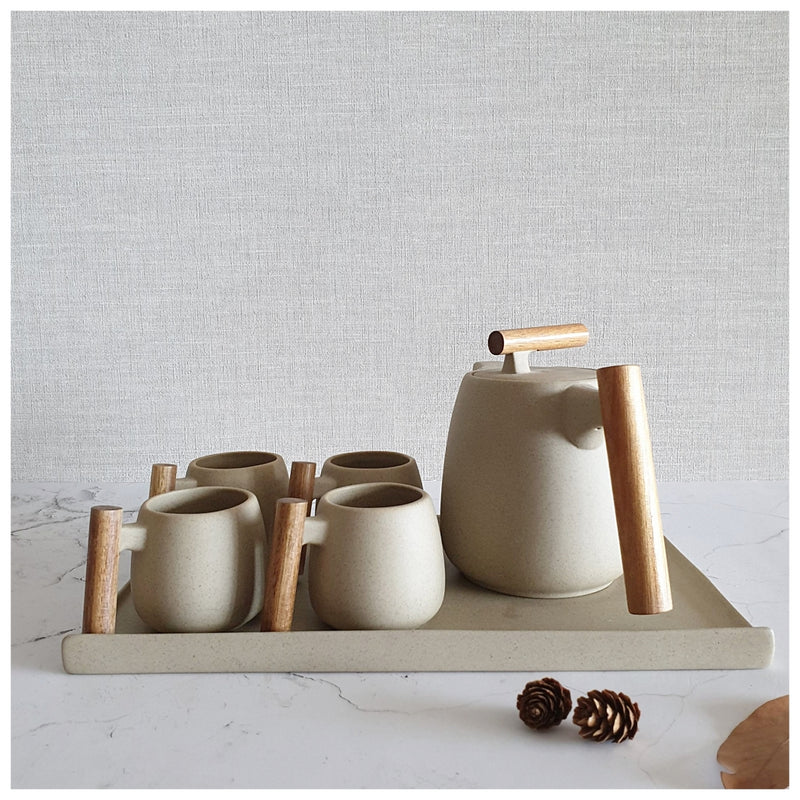 Ceramic - Tea Set - Sand + 4 Mugs with Tray & Tea Pot