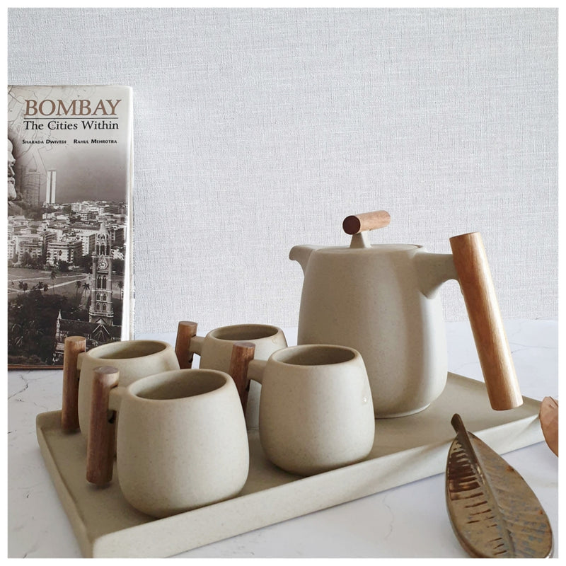Ceramic - Tea Set - Sand + 4 Mugs with Tray & Tea Pot