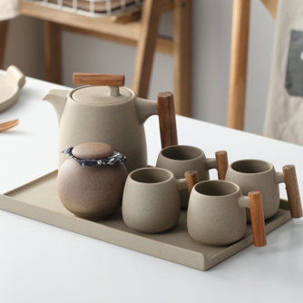 Ceramic - Tea Set - Sand + 4 Mugs with Tray & Tea Pot
