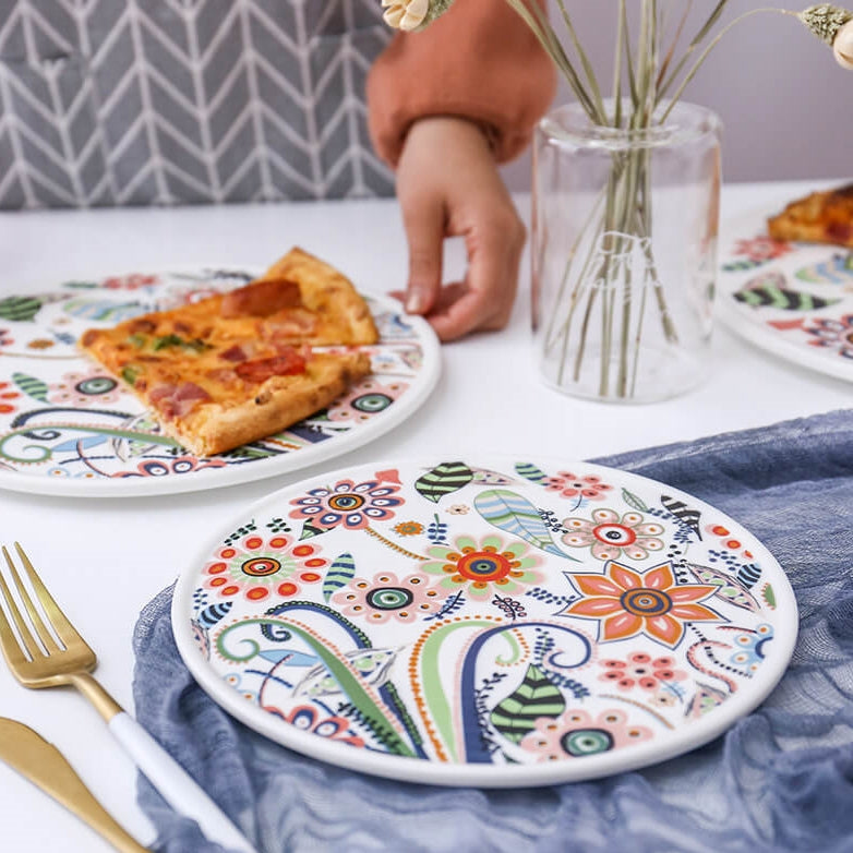 Ceramic - Floral Printed - Round Cake Platter