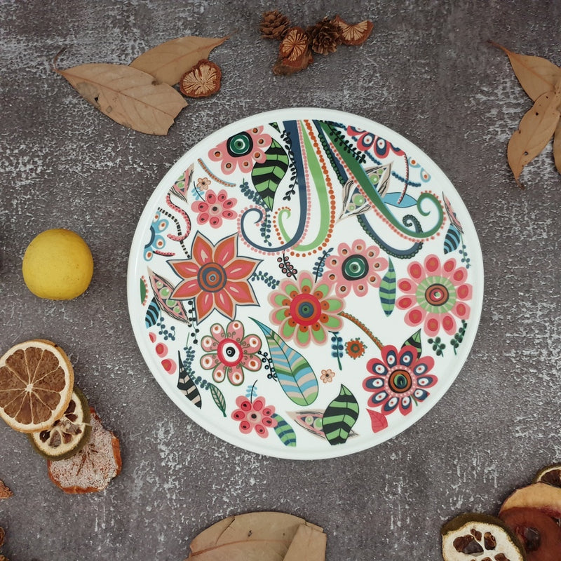 Ceramic - Floral Printed - Round Cake Platter