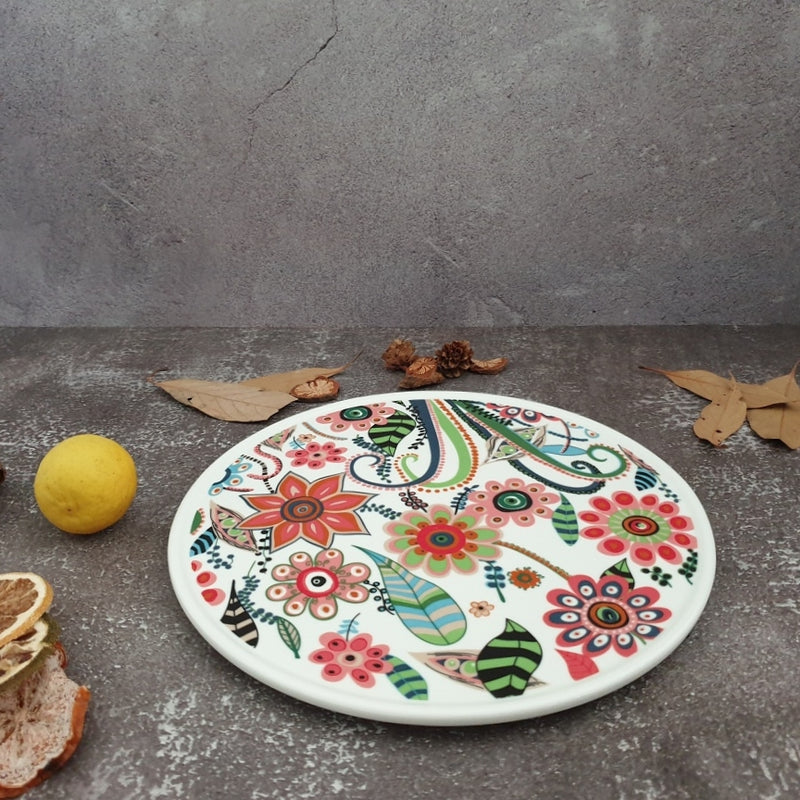 Ceramic - Floral Printed - Round Cake Platter