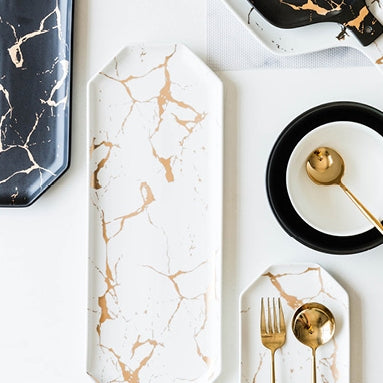 Ceramic White Matte Marble Platter with Gold Inlay + 2 Matching Coffee Mug with Wooden Lid