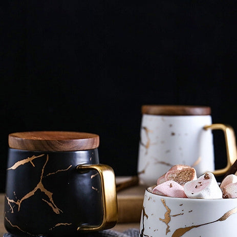 Ceramic White Matte Marble Platter with Gold Inlay + 2 Matching Coffee Mug with Wooden Lid